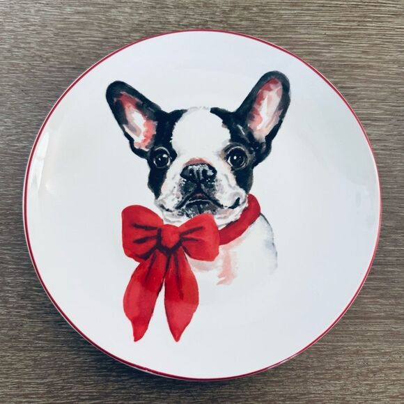 Pier 1 Imports Christmas Puppies Boston Terrier Frenchie Dog Holiday Plate - Picture 1 of 2
